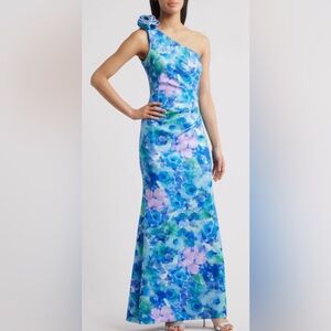Eliza J Blue and Purple Floral One-Shoulder Dress